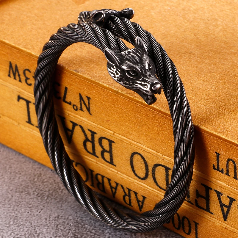 

Fongten Teen Wolf Men's Open Cuff Bangle Metal Viking Spiral Twisted Chain Bracelet Black Famous Brand Jewelry