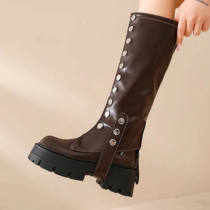 

2023 Brand Chunky Women Luxury Shoes Winter Platform Knee High Chelsea Boots New Goth Gladiator Fashion Zipper Motorcycle Botas