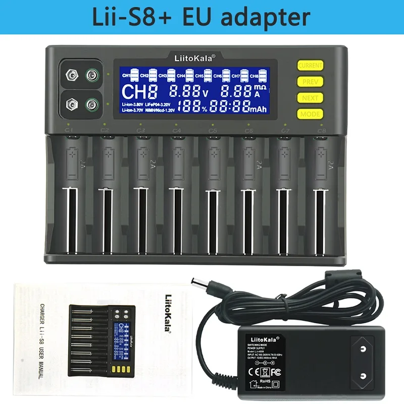

LiitoKala Lii-S8 8 Slots LCD Battery Charger for Li-ion LiFePO4 Ni-MH Ni-Cd 9V 21700 20700 26650 18650 RCR123 18700
