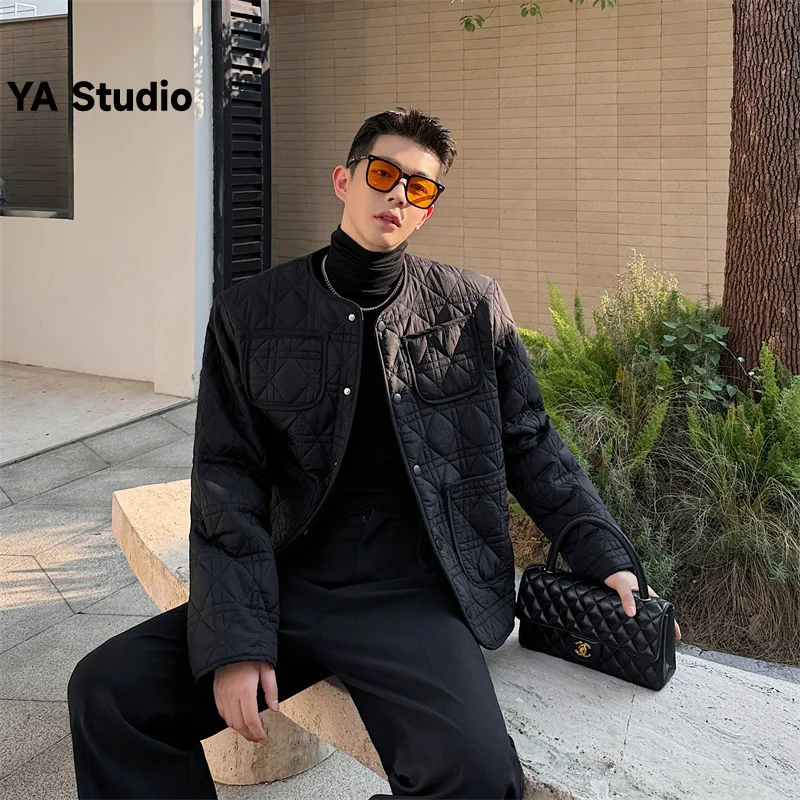 

[YA Studio] 2023 Winter Korean Ringer Check Small Fragrant Cotton Jacket Men's Advanced Design Thickened Collarless Jacket