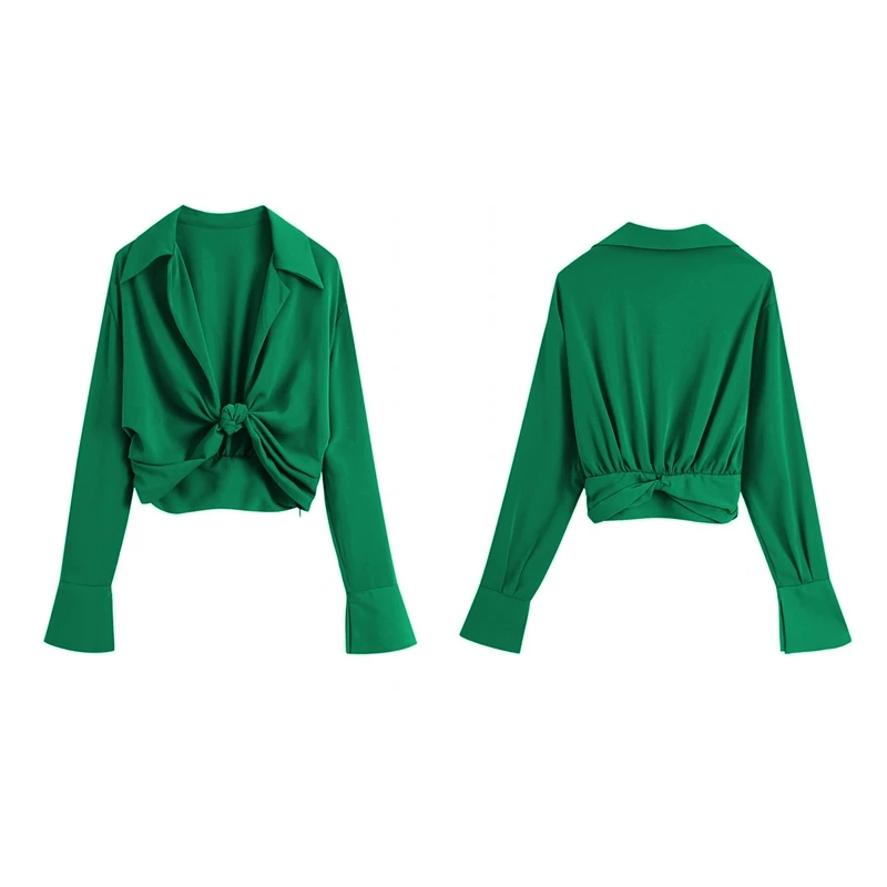

Women Fashion Turn Down Collar Knitted Green Color Smocked Blouse Female Long Sleeve Slim Shirt Chic Crop Tops