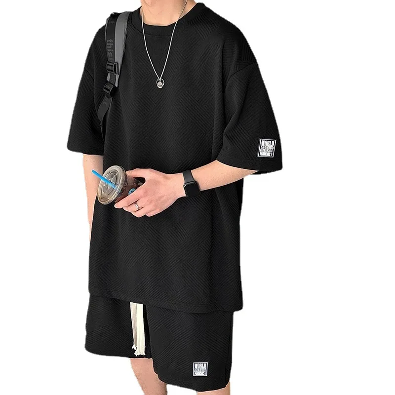 Men Tracksuit Waffle Fabric Fabric Breathable Casual T-Shirt and Shorts 2-Piece Loose Trendy Suit Mens Tracksuit Streetwear 2023