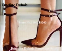 wine red pvc pumps pointed toe clear transparent patchwork stiletto heels shoes pink green ankle straps 12cm high heels