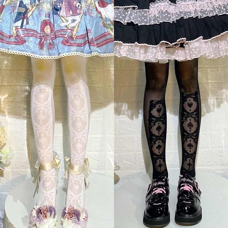 

Women Girls Gothic Silky Translucent Pantyhose Japanese Anime Style Lolita Kawaii Heart Bowknot Patterned Cosplay Tights