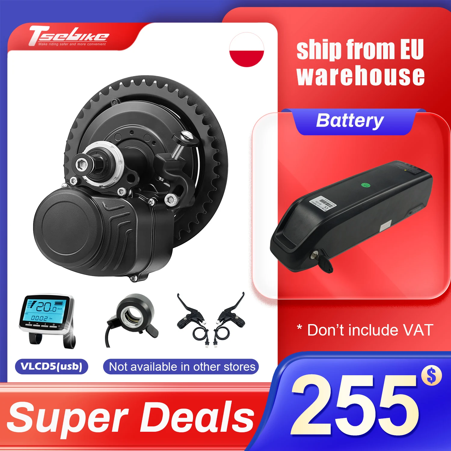 Mid Drive Ebike Kit Tongsheng tsdz2b Motor Electric Bicycle Ebike Conversion Kit 36V 48V 250W 350W 500W Motor with Battery VLCD5