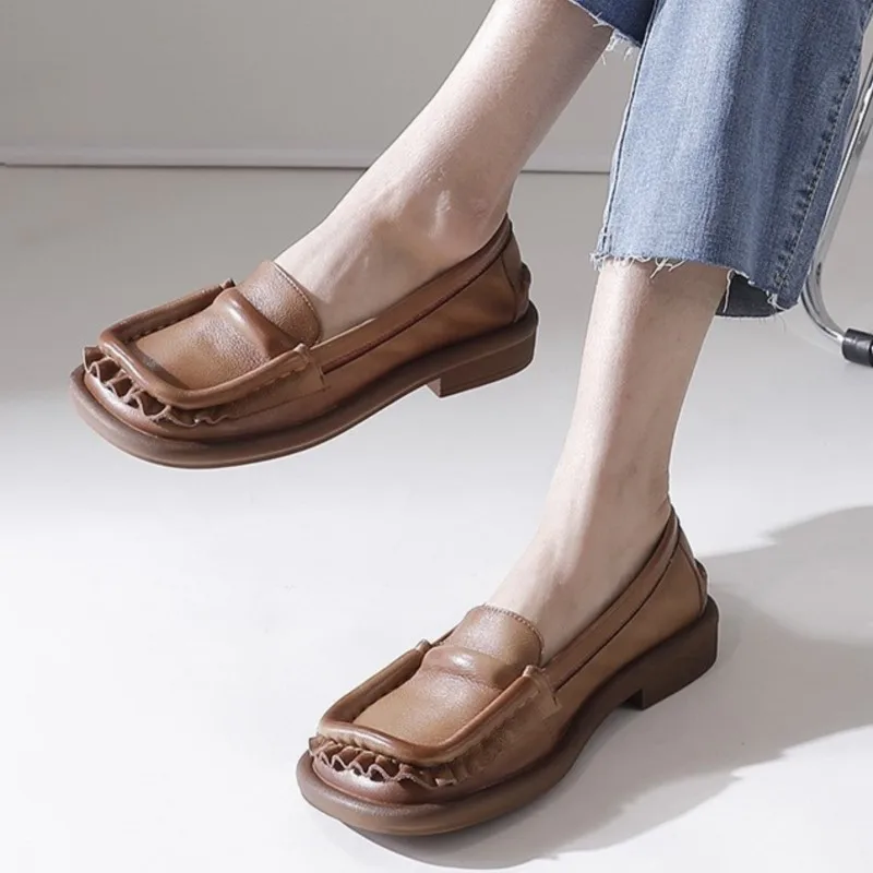 

YourSeason Spring Autumn Vintage Square Toe Shoes Female Genuine Leather Women Real Cow Leather Shallow Concise Leisure Pumps
