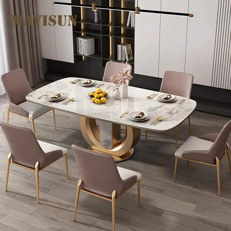 

Dining Room Set Delicate Stone Texture Living Villa Home 75m High Stainless Steel Frame Rectangle Mesa Salon Furniture FGM