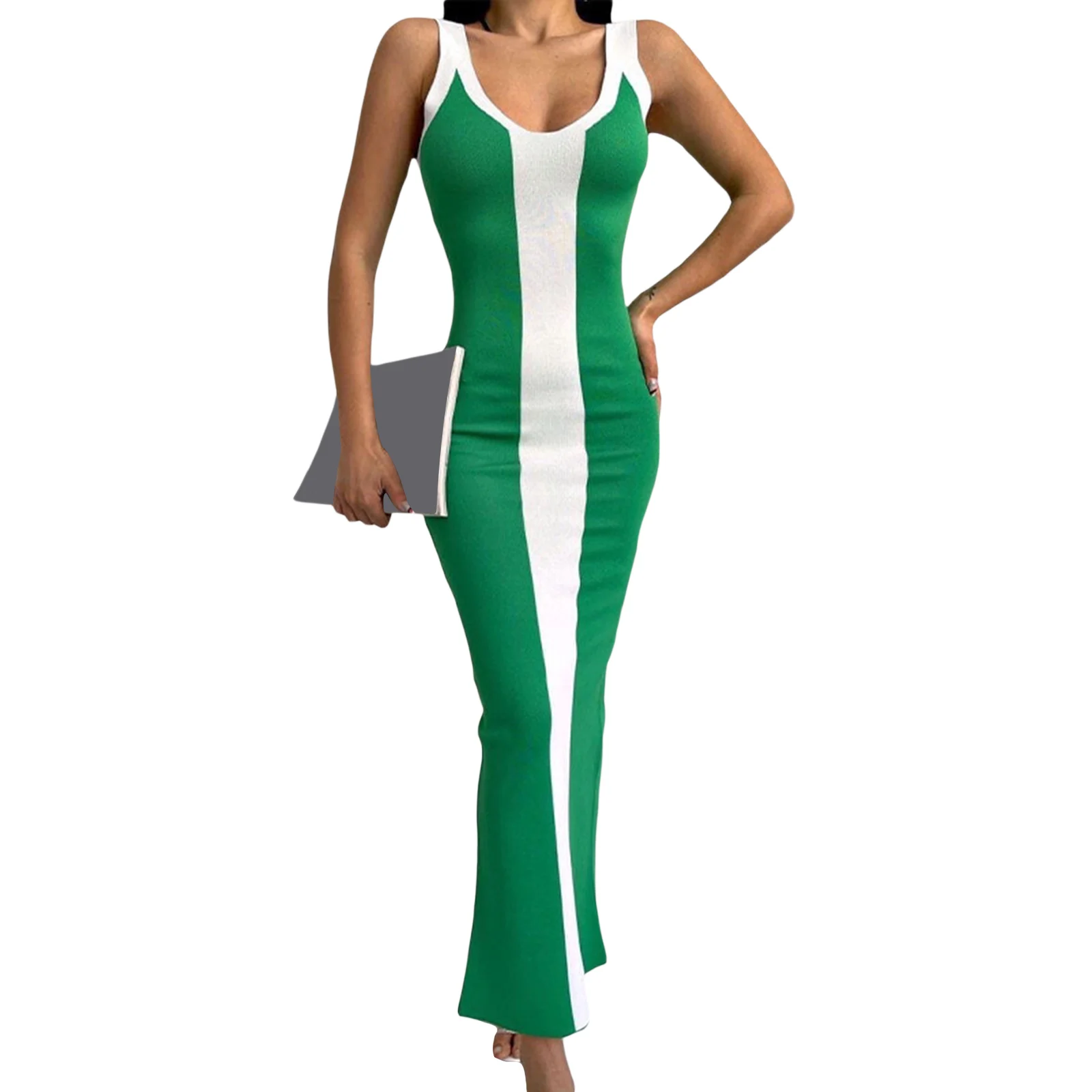 

Womens Knitted Bodycon Long Dress Sleeveless V Neck Contrast Color Split Midi Dress