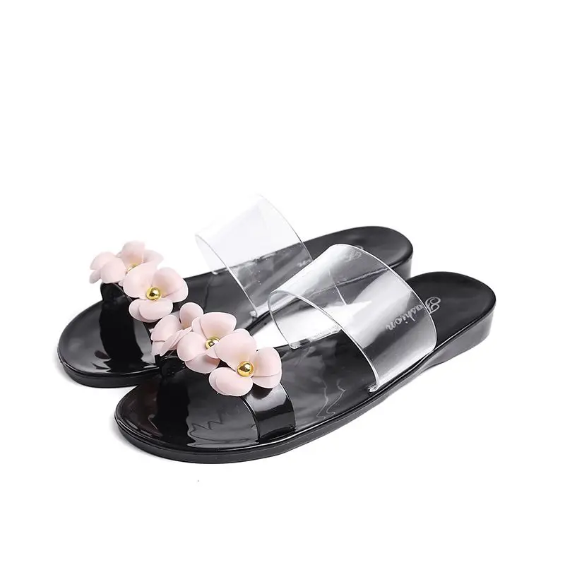 

Women Flower Slippers PVC Jelly Sandals Summer Elegant Fashion Beach Ladies Flat Slippers Free Shipping