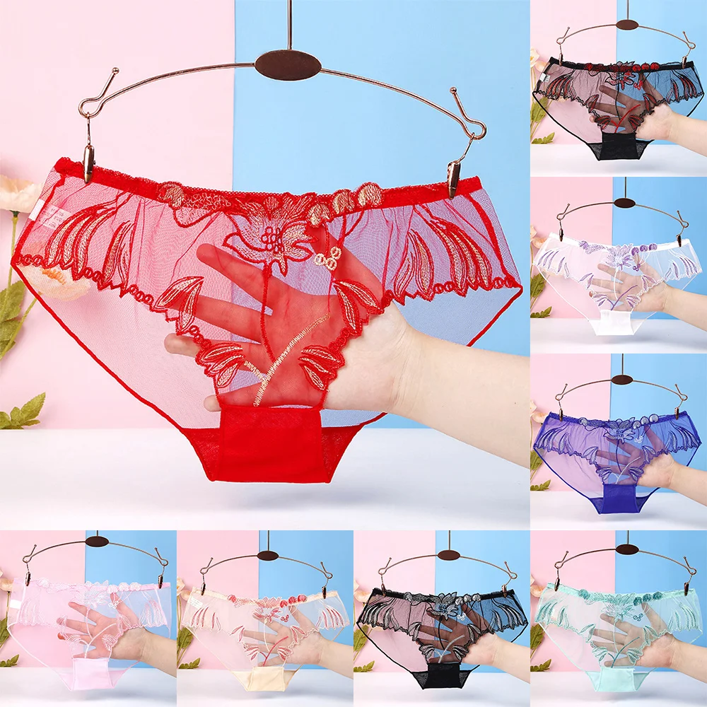 

Women's Sexy Underwear Breathable Perspective Low Waist Lace Ultra-thin See Through Tulle Netting Transparent Briefs