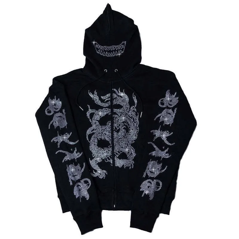 

BIG PROMOTION Zipper Autumn/Winter Gothic Men's and Women's Clothing Harajuku Fashion Rhinestone Loose Hooded Cardigan Sweater