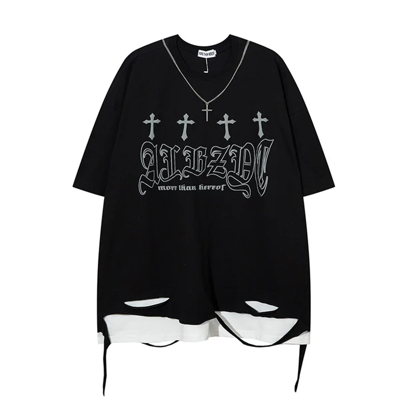 

Summer Ripped Fashion Chains Short Sleeve T-shirt Harakuju Vintage Top Tees For Male Hi Street