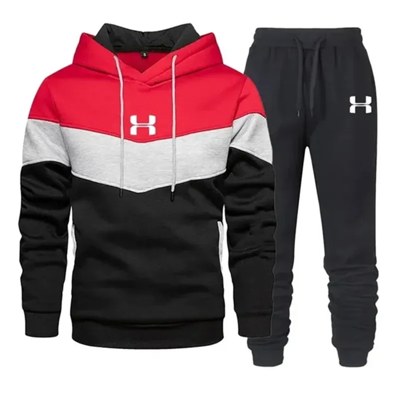 Осенне-зимняя мужская трёхцветная Спортивная толстовка с принтом + брюки 2
