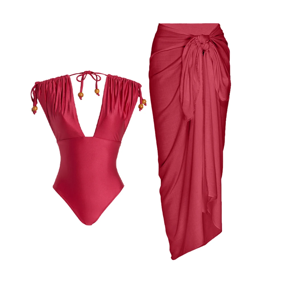 

Бордовый купальник с рюшами и глубоким V-образным вырезом и летнее цельнокроеное платье, привлекательный купальник с открытой спиной и шнуровкой, модель 2023, оригинальные купальные костюмы