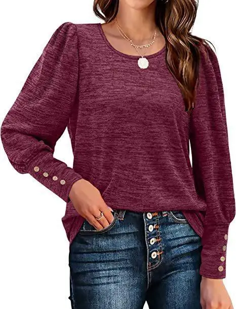 2022 Women's Autumn and Winter New Loose Casual Puff Sleeves Button Round Neck Long-sleeved T-shirt Women Clothing
