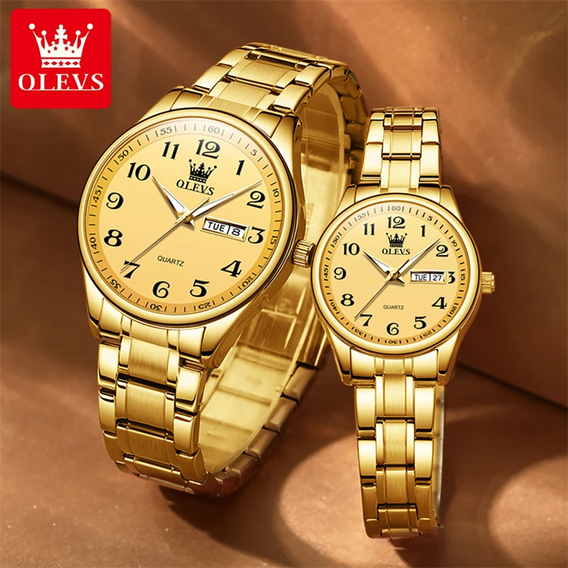 

OLEVS 5567 Golden Quartz Couple Watches Paired Men and Women Luxury Brand Digits Dial Calendar Waterproof Lover's Watches Clock