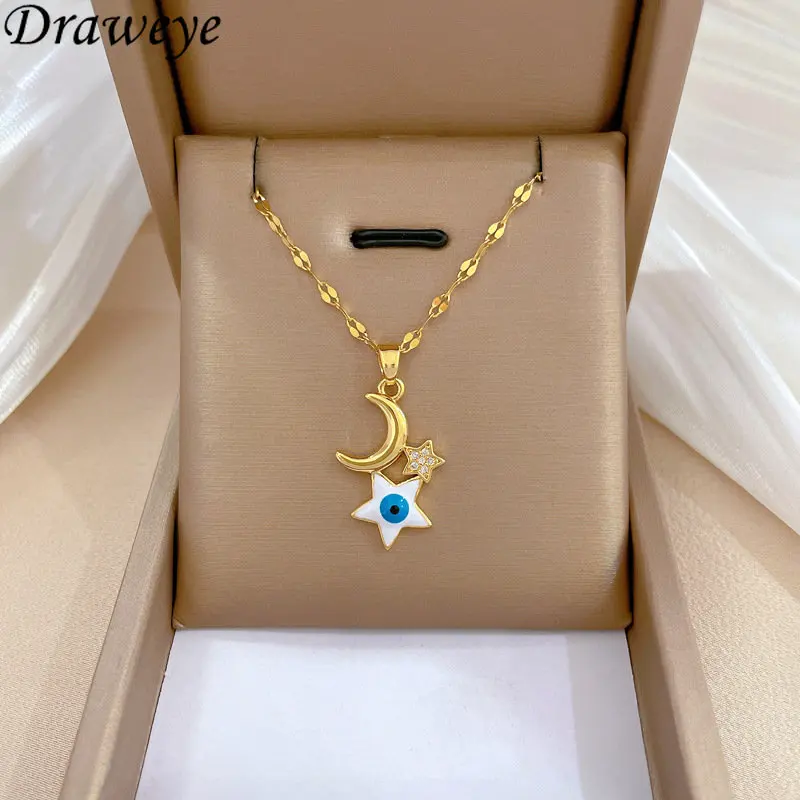 

Draweye Jewelry for Women Stars Moon Eye Vintage Korean Fashion Pendant Necklaces Wedding Party Metal Simple Chokers New
