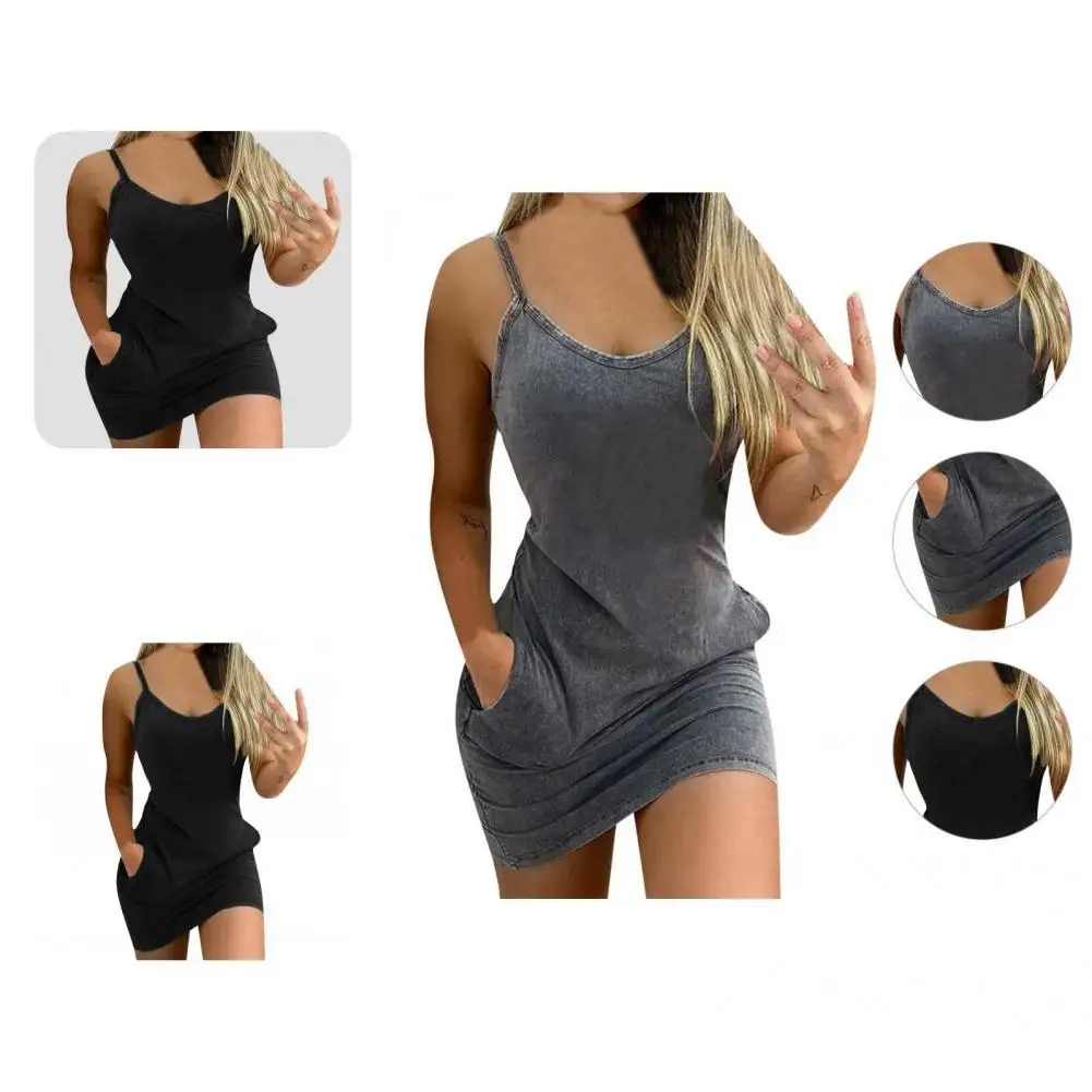 

Sexy Mini Dress Elastic Side Pockets Summer Dress Sexy Skinny Sling Short Dress