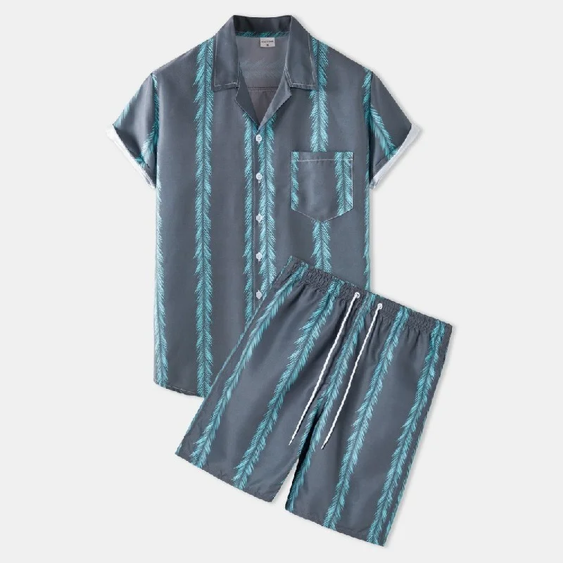 

Men Outfit Set 2022 Summer New Hawaiian Lapel Trend Print Short-sleeved Shirt + Beach Shorts 2-piece Set Mens Clothing