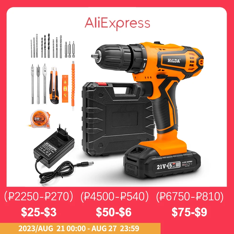 HILDA Electric Drill Cordless Screwdriver Lithium Battery  Mini Drill Cordless Screwdriver Power Tools Cordless Drill
