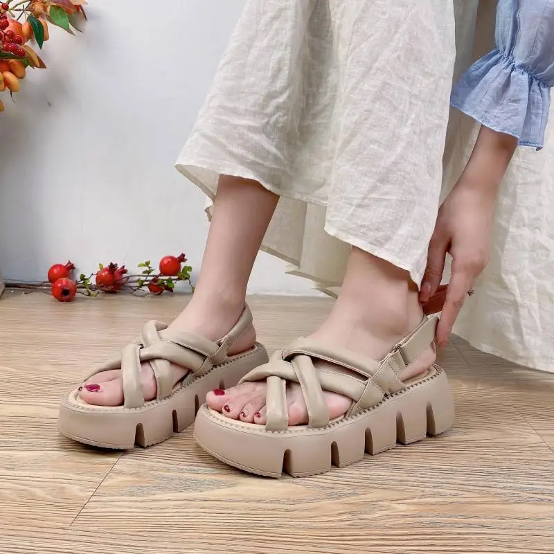 

YourSeason 2022 Genuine Leather Women Comfortable Vintage Wide Strip Sandals Thick Soled Peep Toe Flat Platform Ladies Slippers