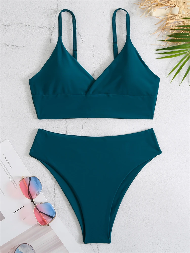 

Женский купальник-бикини, новинка 2023, однотонный комплект бикини на бретельках, купальник с высокой талией, сексуальный купальник с V-образным вырезом, летняя пляжная одежда из 2 предметов, женский костюм