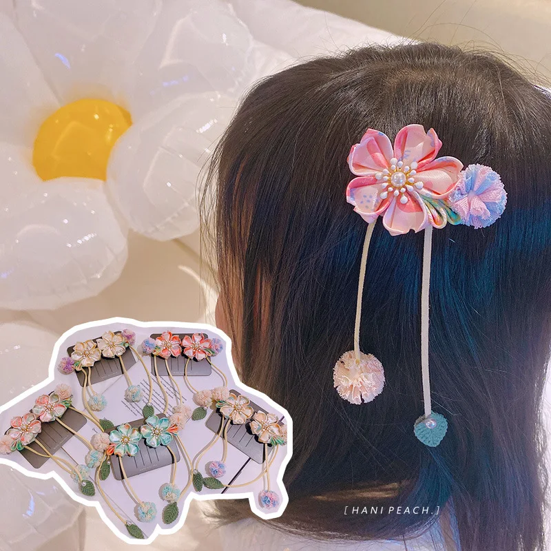 

Chinese Style Princess Baby Girl Barrettes Clips Printed Flower Tassels Hairgrips Hairpins Kids Girls Headwear Hair Accessories