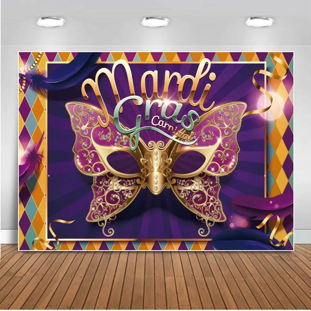 

Mardi Gras Backdrop Masquerade Backgrounds Dancing Prom Mardi Gras Party Photo Booth for Bachelorette Party Decorations Banner