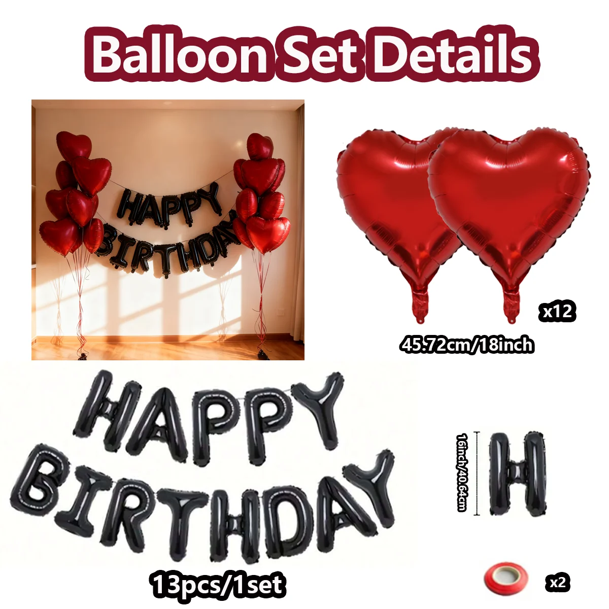 

Черный набор воздушных шаров с красным сердцем