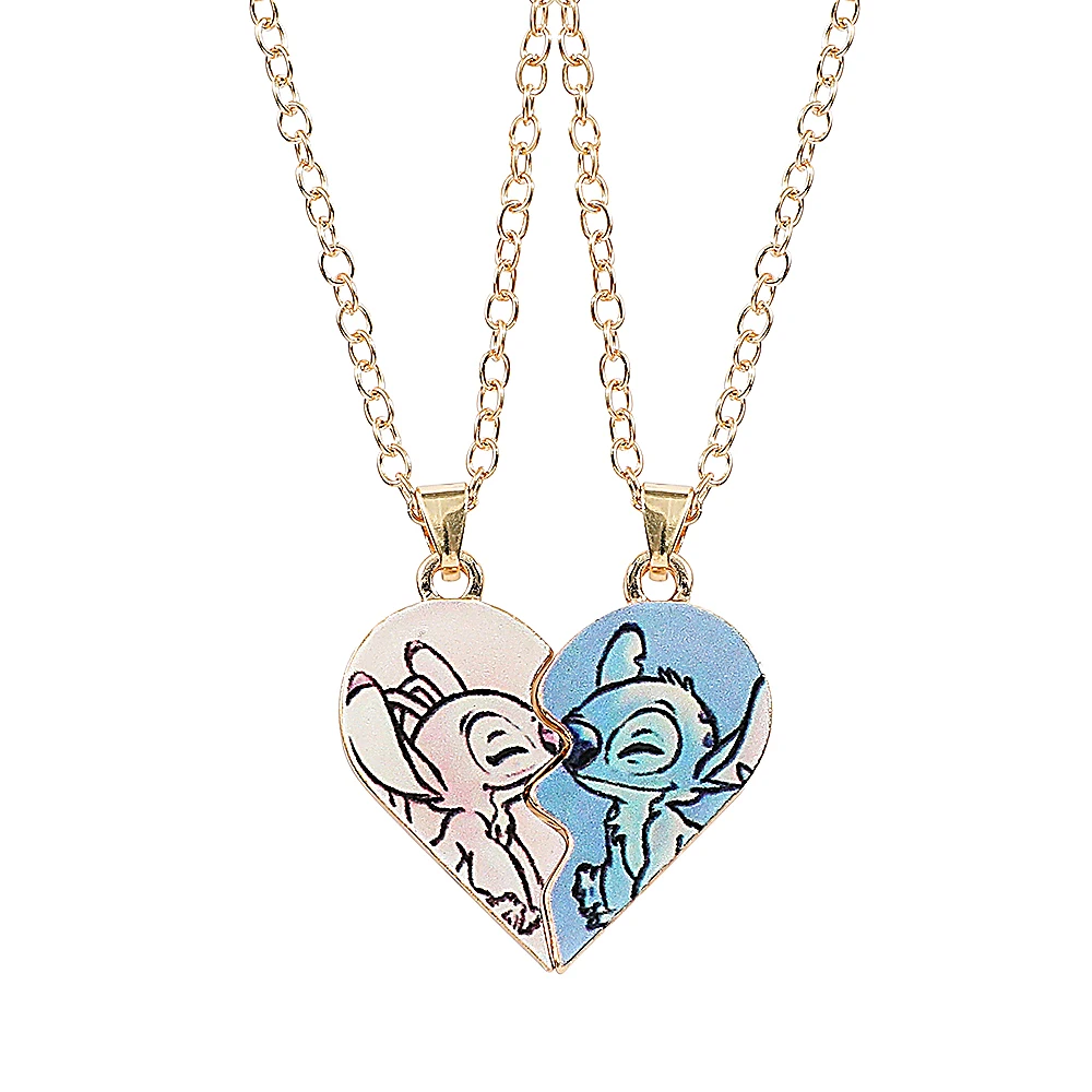 Disney Stitch Angel Couple Necklace Cartoon Heart Neck Chain For Women Men Love Jewelry Acessorios Gifts