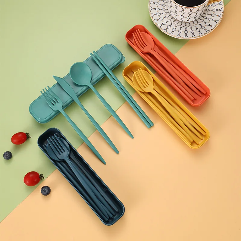 

4PCS/Set Cutlery Wheat Straw Spoon Fork Chopsticks With Box Students Tableware Travel Portable Dinnerware Kitchen Accessories