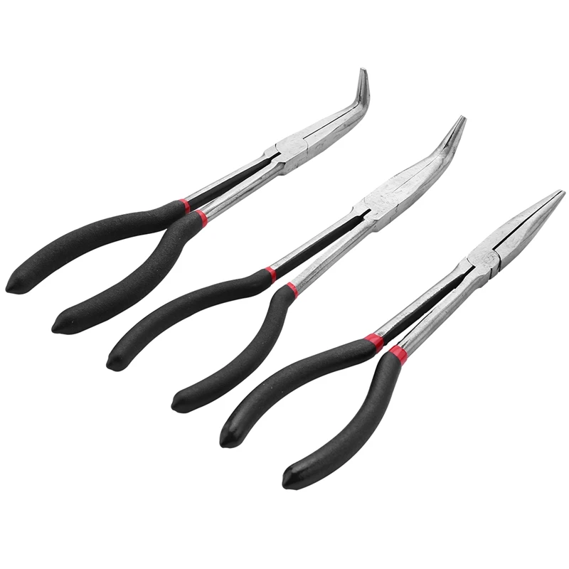 

3Pcs Multifunctional Steel 11 Inch Long Needle Nose Pliers Curved Nose Pliers Auto Repair Tools