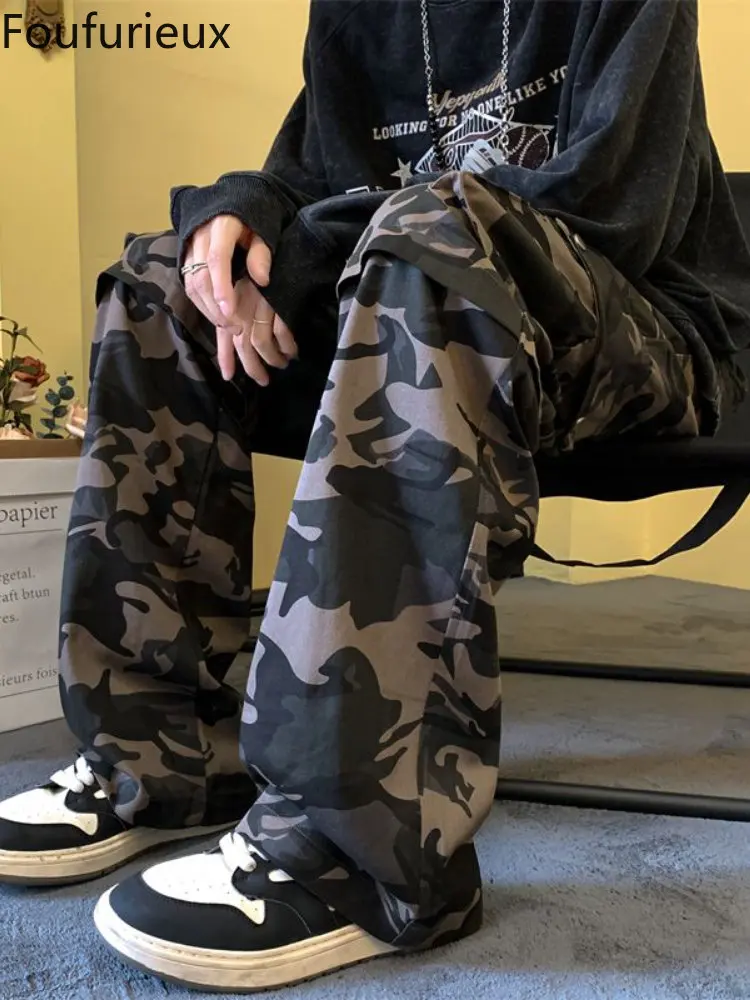 

Камуфляжные мешковатые брюки-карго foufurious с широкими штанинами и низкой талией, мужские повседневные свободные спортивные брюки с карманам...