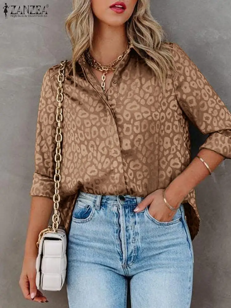 

ZANZEA Women Leopard Printed Shirt Spring Elegant Satin Blouse Casual Lapel Neck Long Sleeve Work Blusas Casual OL Tops Tunic