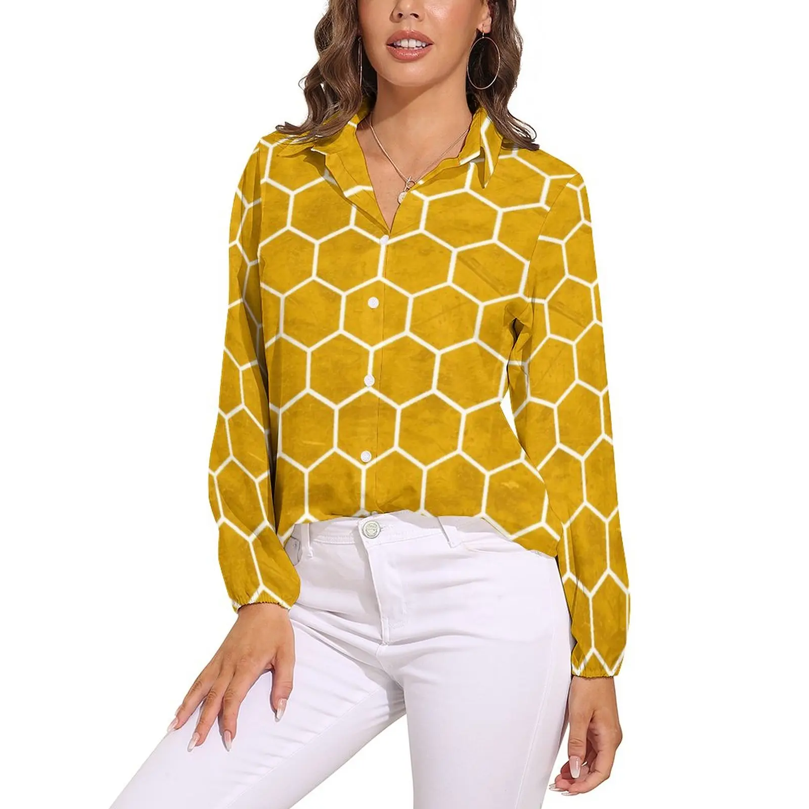 

Блузка женская с геометрическим принтом, свободная уличная одежда с длинным рукавом и шестигранным узором, рубашка в современном стиле, одежда на заказ, большой размер 2XL 3XL