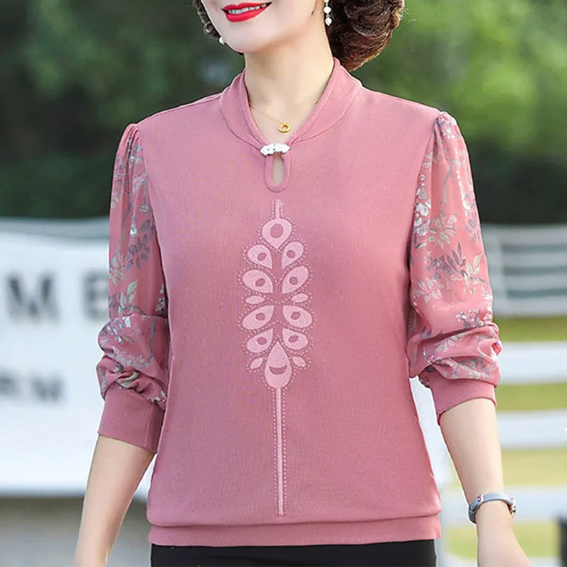 

New Women Fashion Loose T-Shirt Spring Summer Stand Collar Gauze Long Sleeve Big Size Clothing Floral Casual Bottoming Tops