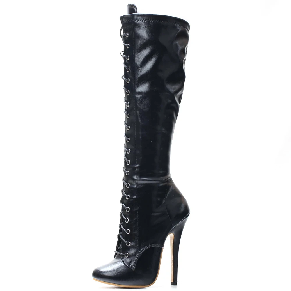14CM High Heel Pointed toe Solid PU Leather Side Zip Women Fetish Cosplay Party Knee-high Boots