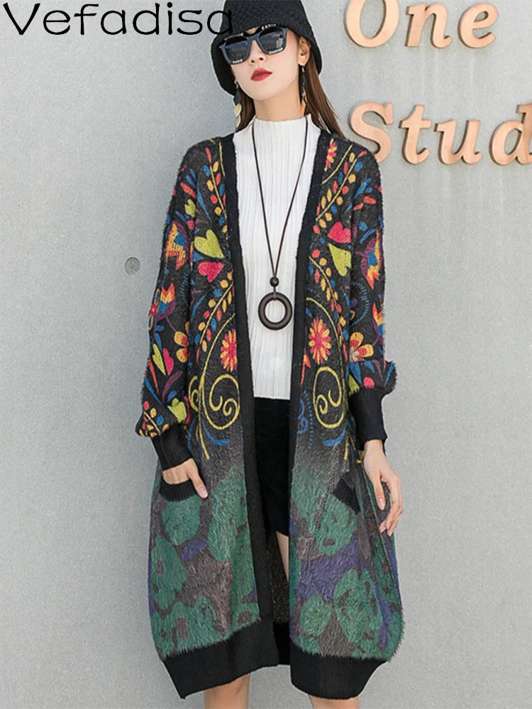 

Women Long Sleeves Cardigan Sweater Coat Loose Mid-length Printing Mink Fleece Knitting Coat 2023 Spring Autumn Winter LHX1834