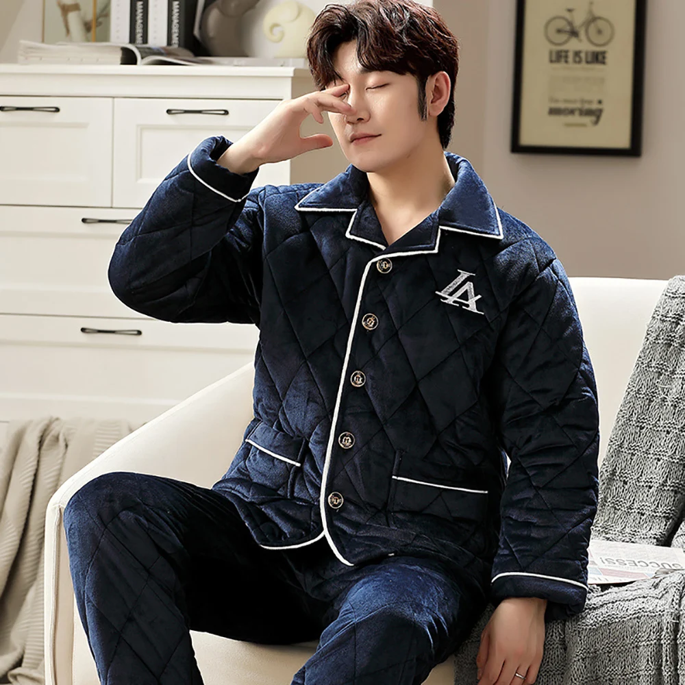 Winter Flannel Sleepwear Pajamas For Men Three-layer Thicken Super Warm Pajamas Casual Solid Plaid Sleeping Clothes pyjama homme