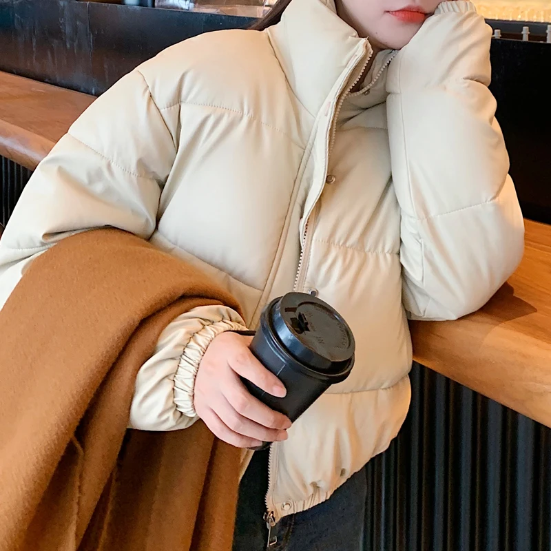 Women Pu Leather Short Down Coats Autumn Winter New Fashion Stand Collar Thick Coats Casual Commute All-Match Solid Color Jacket