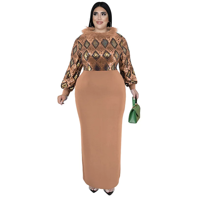Plus Size Dresses O-Neck Long Sleeve Dresses for Women Elegant Dresses for Women Office Lady Slim Ankle-Length Pattern Splicing