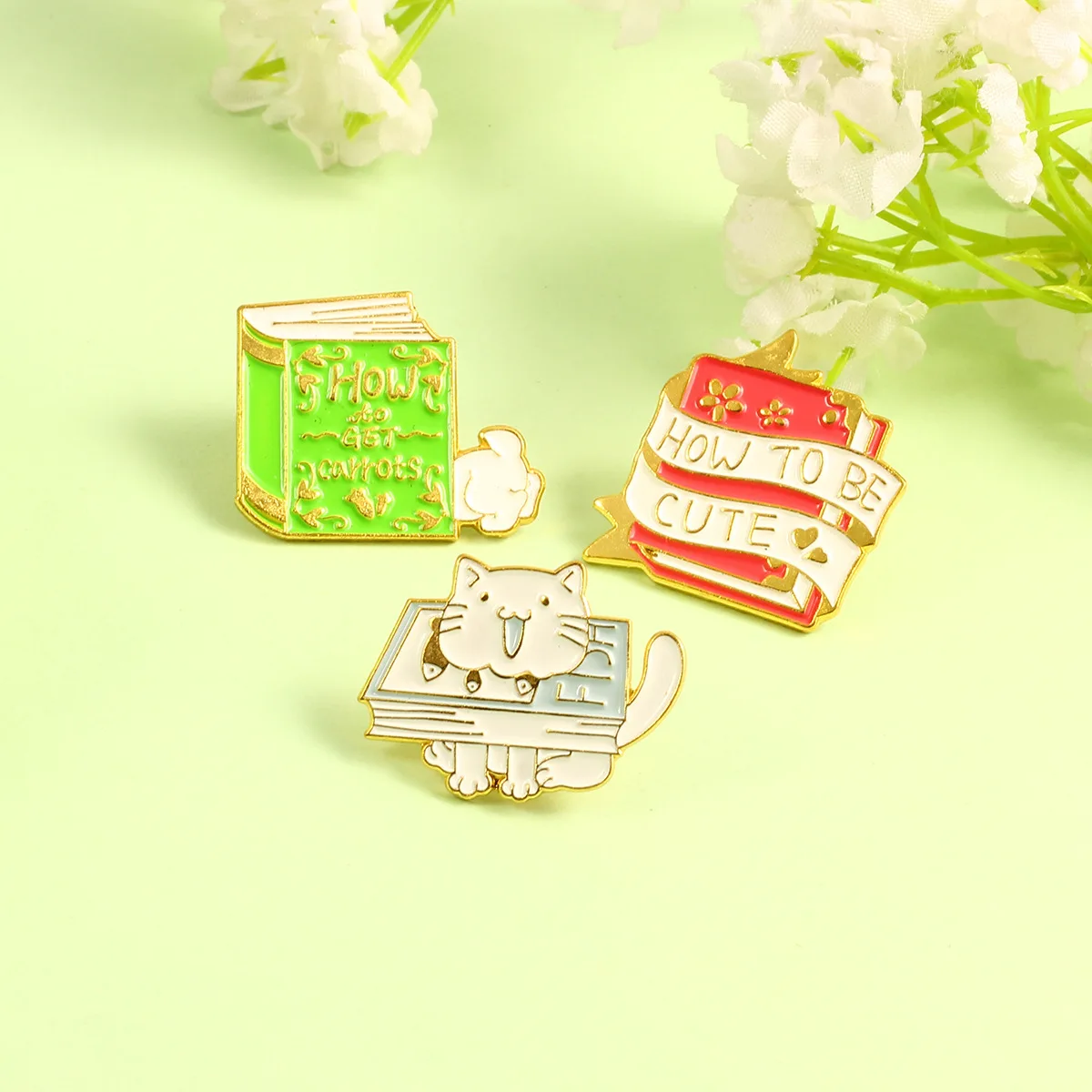 

Cartoon HOW TO BE CUTE Books Enamel Pins Magic Book Key Fun Animal Cat Kitty Rabbit Learning Brooches Lapel Badge Jewelry