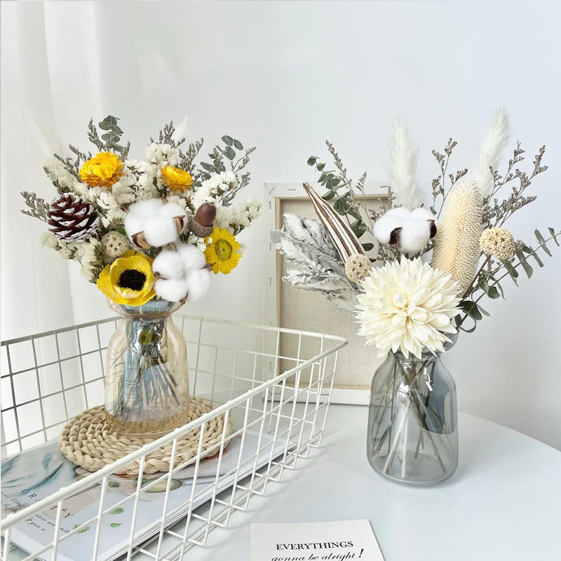 

Cotton Preserved Eucalyptus Pampas Dried Flower Bouquet with Glass Vase Diy Hydrangea Bouquet Room Arrangement Home Decoration