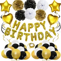 black gold birthday balloons with foil birthday banner black gold balloons paper pom poms for men boys birthday party decoration