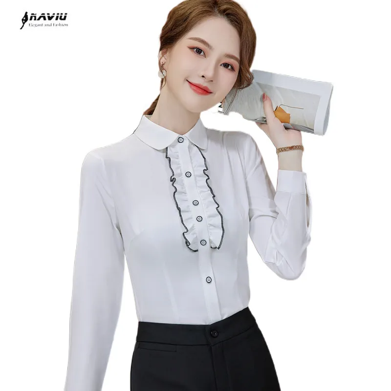 

White Shirt Women 2022 New Autumn Temprament Peter Pan Collar Slim Long Sleeve Formal Chiffon Blouses Office Ladies Work Tops