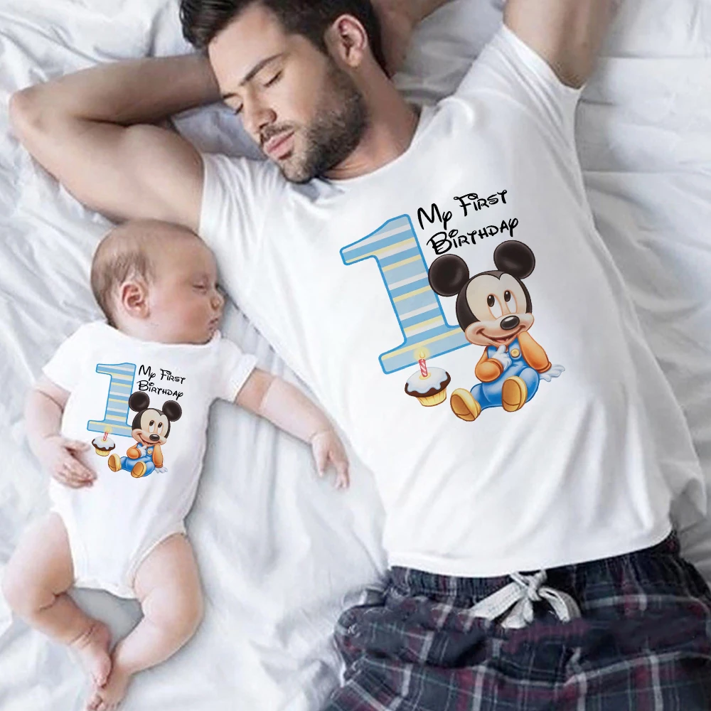 

My First Birthday Disney Mickey Baby Clothes Fashion Party Family Matching Clothes Kawaii Boy Girl Onesies Short Sleeve T Shirt