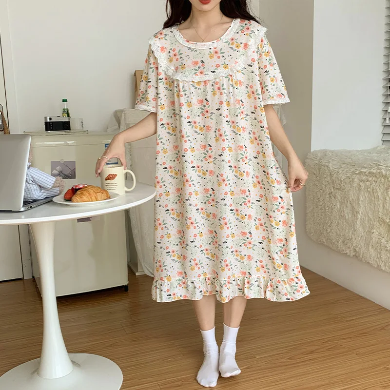 Short Sleeve Nightgown Women Sleepwear Round Neck Homewear Sleep Dress Home Clothing Cotton Loungewear Printing Pajamas