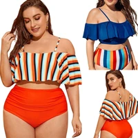 plus size swimsuit suspenders 2 pieces bikini printed swimwear printed high waist rainbow strips bathing suit beachwear