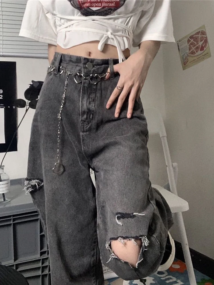 

2022 New Vintage Streetwear Women Jeans Harajuku High Waist Hole Denim Pants Female Korean Fashion Trousers Grunge Punk Gothic
