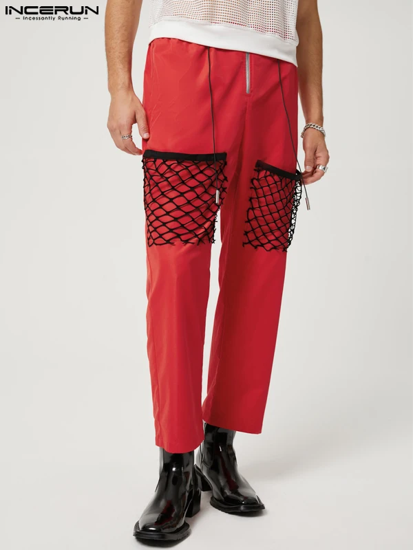 

Casual Streetwear Style New Men Pantalons INCERUN Hollow Elastic Waist Pants Stylish Male Straight Wide Leg Trousers S-5XL 2022